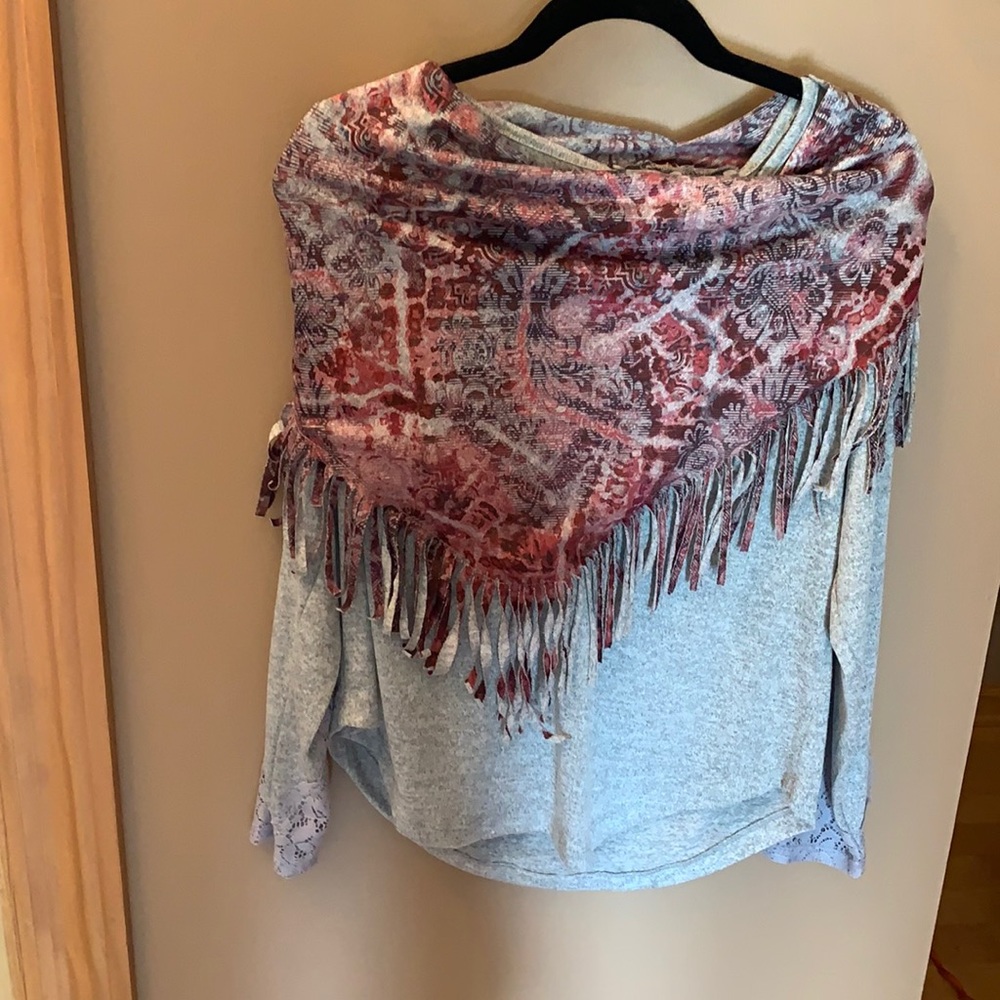 One World 98% Polyester, 2% Spandex Blouse with removable scarf.